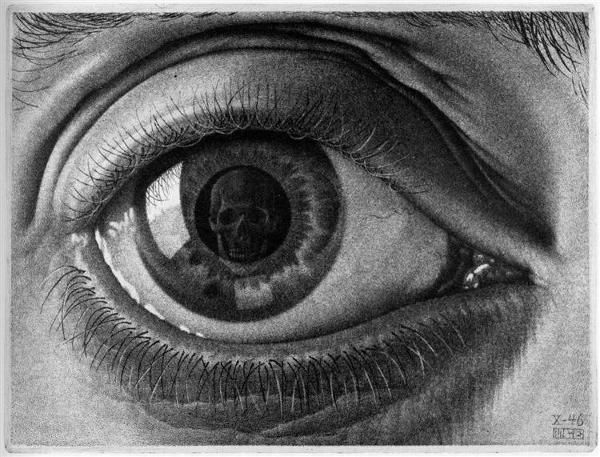 MC Escher's drawing of a
      skull reflected in an eye.